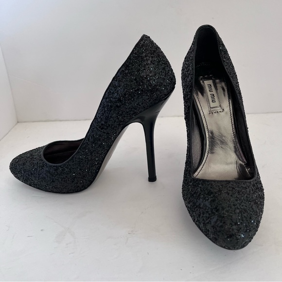 Miu Miu Prada Size 38 Black Glitter Round Toe Heels Pumps - Picture 6 of 16